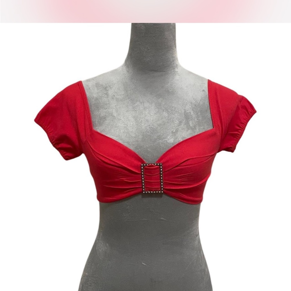 Red Embellished Cap Sleeve Crop Top